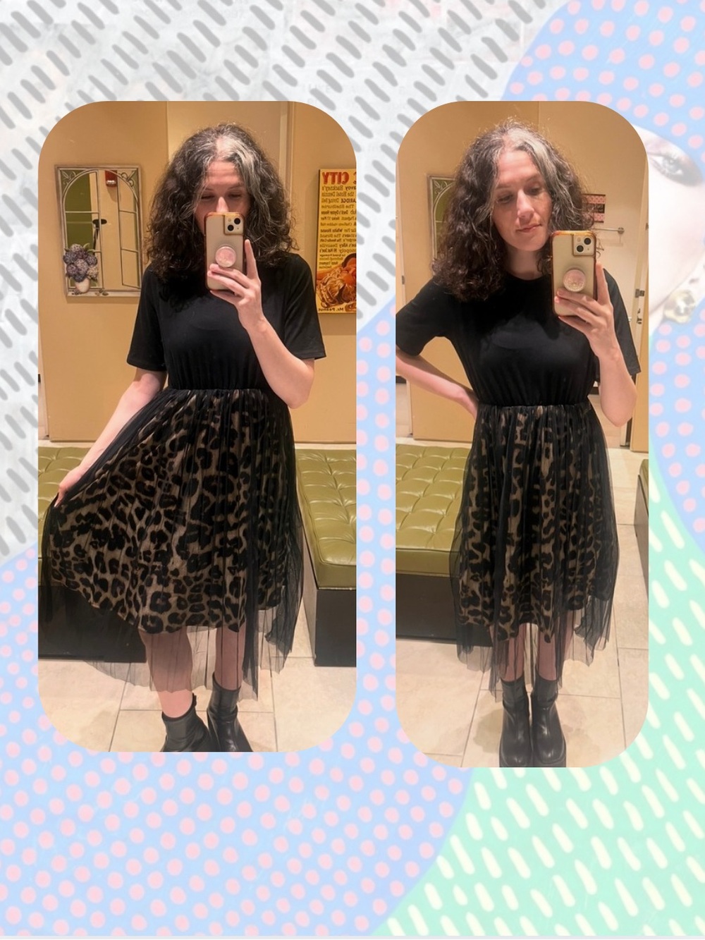 🎉DAZY Black Tulle Overlay Short Sleeve Leopard Print Midi Dress - Picture 5 of 16
